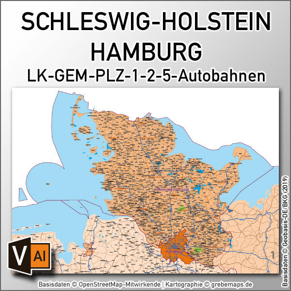 Schleswig-Holstein Hamburg Vektorkarte Gemeinden Landkreise Postleitzahlen PLZ-1-2-5 Autobahnen, Karte Schleswig-Holstein Gemeinden, Karte Schleswig-Holstein PLZ, Karte Schleswig-Holstein Landkreise, PLZ-Karte Schleswig-Holstein, Vektorkarte Schleswig-Holstein, vector map Schleswig-Holstein, AI, editierbar, ebenen-separiert, download