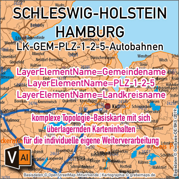 Schleswig-Holstein Hamburg Vektorkarte Gemeinden Landkreise Postleitzahlen PLZ-1-2-5 Autobahnen, Karte Schleswig-Holstein Gemeinden, Karte Schleswig-Holstein PLZ, Karte Schleswig-Holstein Landkreise, PLZ-Karte Schleswig-Holstein, Vektorkarte Schleswig-Holstein, vector map Schleswig-Holstein, AI, editierbar, ebenen-separiert, download