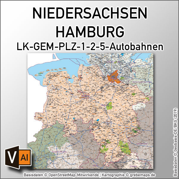 Niedersachsen Hamburg Vektorkarte Gemeinden Landkreise Postleitzahlen PLZ-1-2-5 Autobahnen, Karte Niedersachsen Gemeinden, Karte Niedersachsen PLZ, Karte Niedersachsen Postleitzahlen, Vektorkarte Niedersachsen Landkreise, Karte Vektor Niedersachsen, Landkarte Niedersachsen, AI, editierbar, ebenen-separiert, download