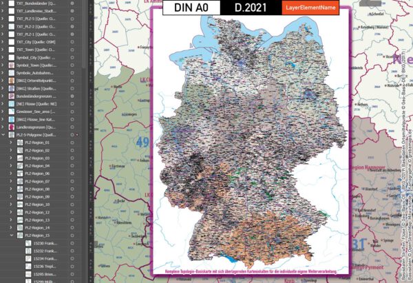 Deutschland Postleitzahlen Karte PLZ-1-2-5 mit Landkreisen Bundesländern Autobahnen Gewässer Ortsnamen Vektorkarte (2021), Karte PLZ Deutschland, PLZ Karte 5-stellig Deutschland, Vektorkarte PLz Deutschland, vector map germany plz, Karte Postleitzahlen 5-stellig Deutschland, AI, editierbar, download