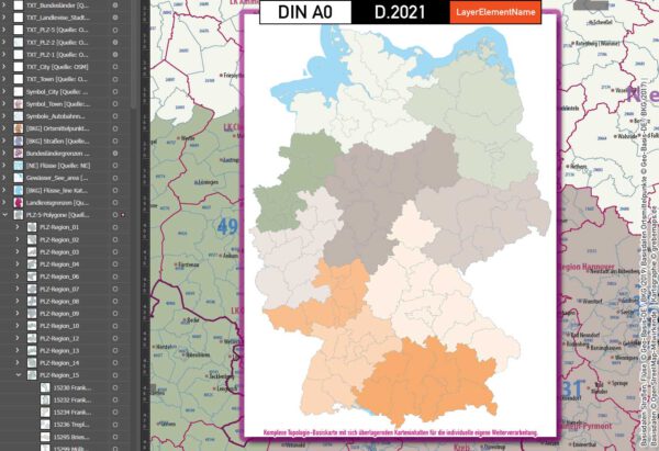 Deutschland Postleitzahlen Karte PLZ-1-2-5 mit Landkreisen Bundesländern Autobahnen Gewässer Ortsnamen Vektorkarte (2021), Karte PLZ Deutschland, PLZ Karte 5-stellig Deutschland, Vektorkarte PLz Deutschland, vector map germany plz, Karte Postleitzahlen 5-stellig Deutschland, AI, editierbar, download