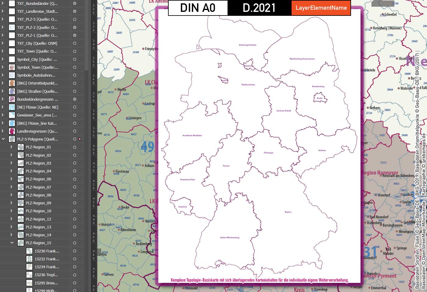 Deutschland Postleitzahlen Karte PLZ-1-2-5 mit Landkreisen Bundesländern Autobahnen Gewässer Ortsnamen Vektorkarte (2021) [Digital] – Bild 11