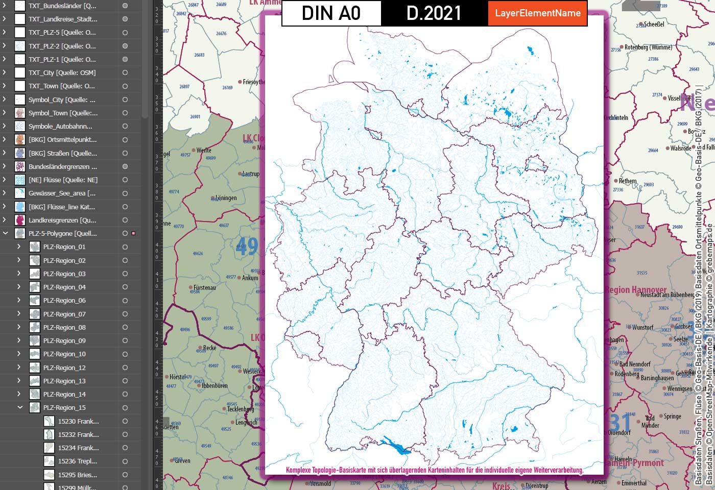 Deutschland Postleitzahlen Karte PLZ-1-2-5 mit Landkreisen Bundesländern Autobahnen Gewässer Ortsnamen Vektorkarte (2021) [Digital] – Bild 12