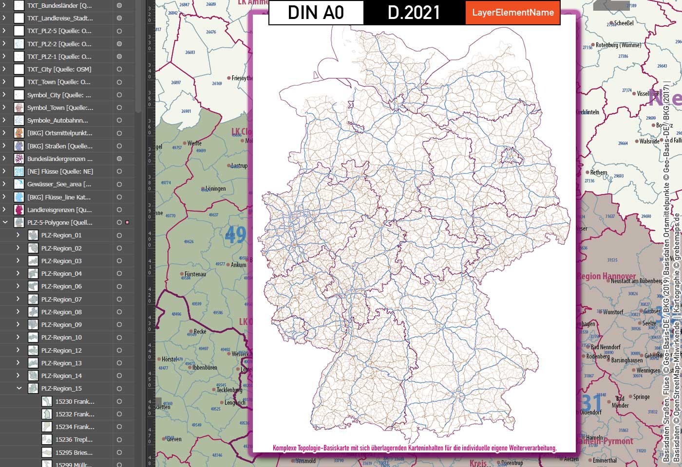 Deutschland Postleitzahlen Karte PLZ-1-2-5 mit Landkreisen Bundesländern Autobahnen Gewässer Ortsnamen Vektorkarte (2021) [Digital] – Bild 13