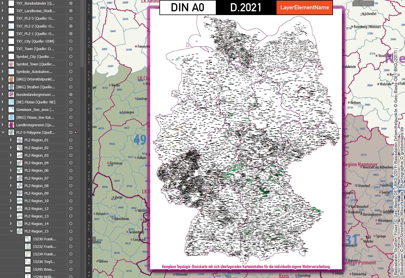 Deutschland Postleitzahlen Karte PLZ-1-2-5 mit Landkreisen Bundesländern Autobahnen Gewässer Ortsnamen Vektorkarte (2021) [Digital] – Bild 14