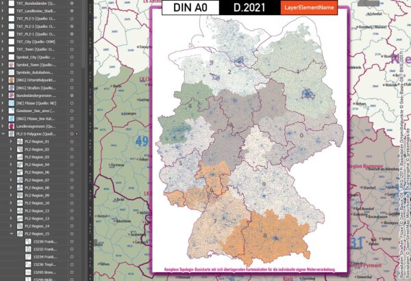 Deutschland Postleitzahlen Karte PLZ-1-2-5 mit Landkreisen Bundesländern Autobahnen Gewässer Ortsnamen Vektorkarte (2021), Karte PLZ Deutschland, PLZ Karte 5-stellig Deutschland, Vektorkarte PLz Deutschland, vector map germany plz, Karte Postleitzahlen 5-stellig Deutschland, AI, editierbar, download