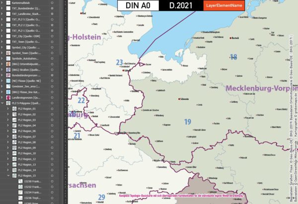 Deutschland Postleitzahlen Karte PLZ-1-2-5 mit Landkreisen Bundesländern Autobahnen Gewässer Ortsnamen Vektorkarte (2021), Karte PLZ Deutschland, PLZ Karte 5-stellig Deutschland, Vektorkarte PLz Deutschland, vector map germany plz, Karte Postleitzahlen 5-stellig Deutschland, AI, editierbar, download