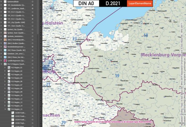 Deutschland Postleitzahlen Karte PLZ-1-2-5 mit Landkreisen Bundesländern Autobahnen Gewässer Ortsnamen Vektorkarte (2021), Karte PLZ Deutschland, PLZ Karte 5-stellig Deutschland, Vektorkarte PLz Deutschland, vector map germany plz, Karte Postleitzahlen 5-stellig Deutschland, AI, editierbar, download