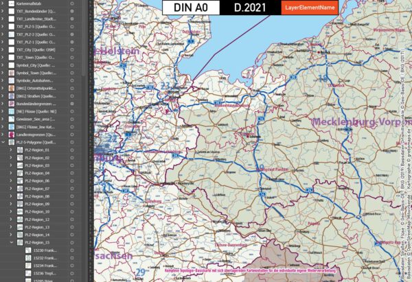 Deutschland Postleitzahlen Karte PLZ-1-2-5 mit Landkreisen Bundesländern Autobahnen Gewässer Ortsnamen Vektorkarte (2021), Karte PLZ Deutschland, PLZ Karte 5-stellig Deutschland, Vektorkarte PLz Deutschland, vector map germany plz, Karte Postleitzahlen 5-stellig Deutschland, AI, editierbar, download