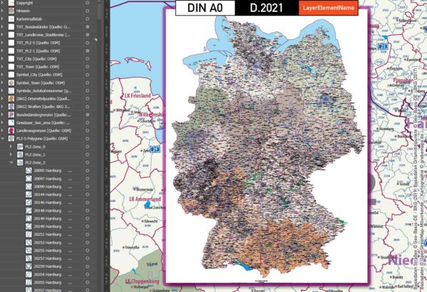 Deutschland Postleitzahlenkarte PLZ-1-5 mit Landkreisen Bundesländern Autobahnen Ortsnamen Vektorkarte, Karte PLZ Deutschland, PLZ-Karte 5-stellig Deutschland, Karte Postleitzahlen Deutschland, AI, editierbar, download