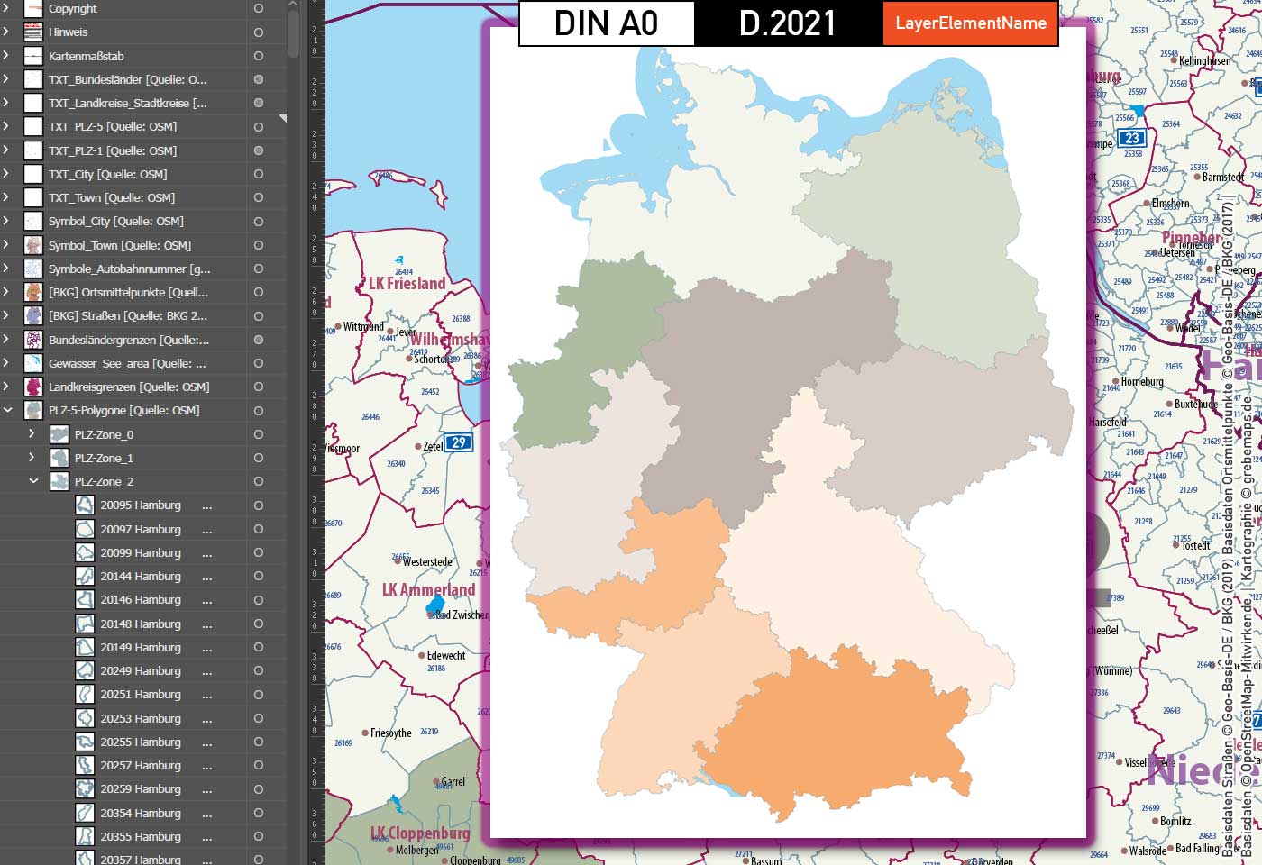 Deutschland Postleitzahlenkarte PLZ-1-5 mit Landkreisen Bundesländern Autobahnen Ortsnamen Vektorkarte (2021) [Digital] – Bild 5