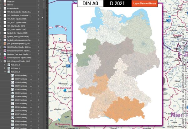 Deutschland Postleitzahlenkarte PLZ-1-5 mit Landkreisen Bundesländern Autobahnen Ortsnamen Vektorkarte, Karte PLZ Deutschland, PLZ-Karte 5-stellig Deutschland, Karte Postleitzahlen Deutschland, AI, editierbar, download