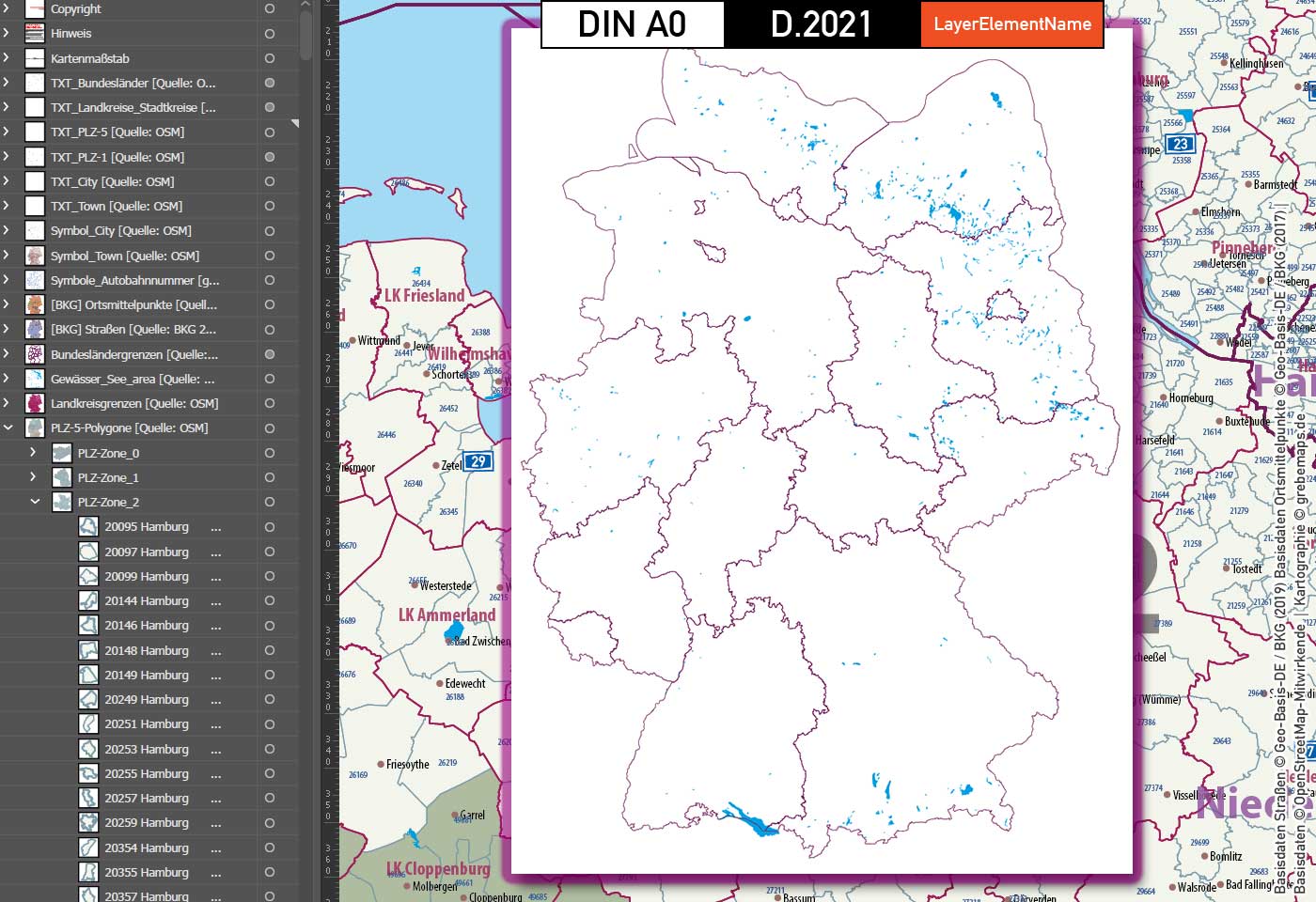 Deutschland Postleitzahlenkarte PLZ-1-5 mit Landkreisen Bundesländern Autobahnen Ortsnamen Vektorkarte (2021) [Digital] – Bild 8
