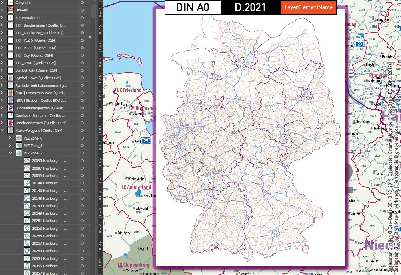 Deutschland Postleitzahlenkarte PLZ-1-5 mit Landkreisen Bundesländern Autobahnen Ortsnamen Vektorkarte (2021) [Digital] – Bild 9