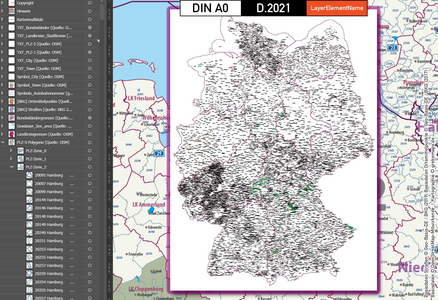 Deutschland Postleitzahlenkarte PLZ-1-5 mit Landkreisen Bundesländern Autobahnen Ortsnamen Vektorkarte (2021) [Digital] – Bild 10