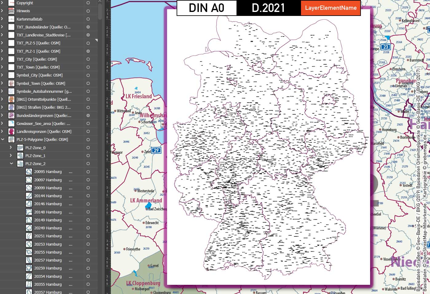 Deutschland Postleitzahlenkarte PLZ-1-5 mit Landkreisen Bundesländern Autobahnen Ortsnamen Vektorkarte (2021) [Digital] – Bild 11