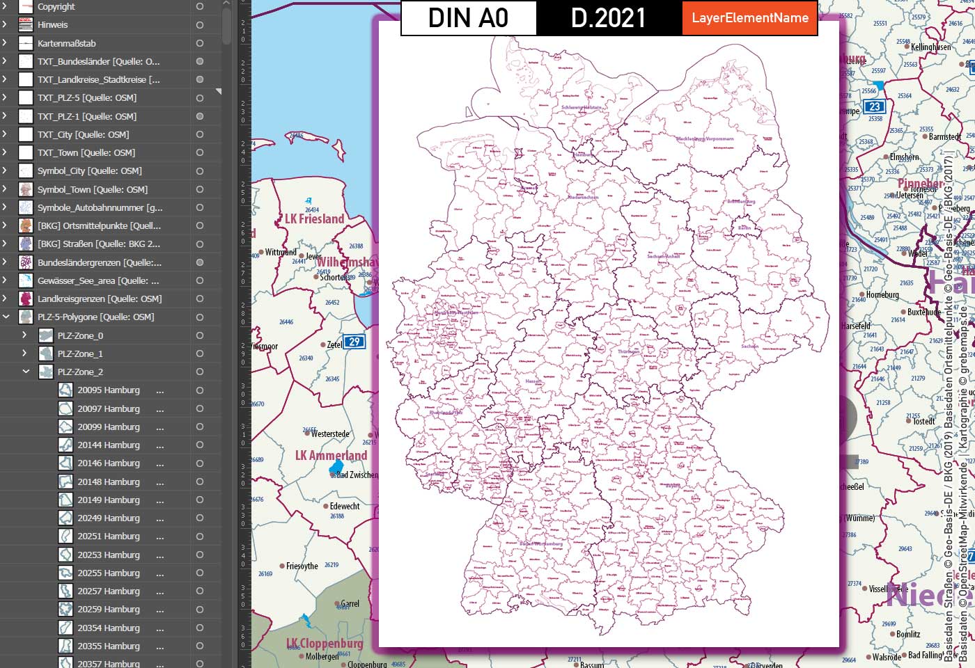 Deutschland Postleitzahlenkarte PLZ-1-5 mit Landkreisen Bundesländern Autobahnen Ortsnamen Vektorkarte (2021) [Digital] – Bild 12