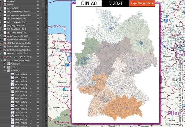 Deutschland Postleitzahlenkarte PLZ-1-5 mit Landkreisen Bundesländern Autobahnen Ortsnamen Vektorkarte, Karte PLZ Deutschland, PLZ-Karte 5-stellig Deutschland, Karte Postleitzahlen Deutschland, AI, editierbar, download