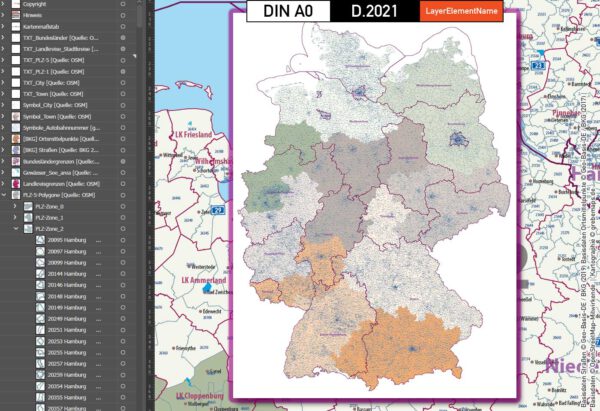 Deutschland Postleitzahlenkarte PLZ-1-5 mit Landkreisen Bundesländern Autobahnen Ortsnamen Vektorkarte, Karte PLZ Deutschland, PLZ-Karte 5-stellig Deutschland, Karte Postleitzahlen Deutschland, AI, editierbar, download