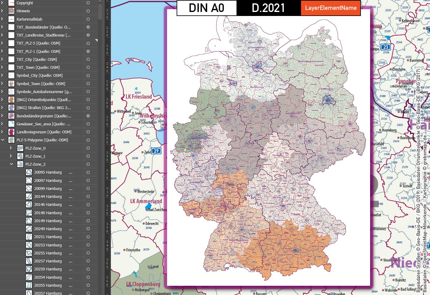 Deutschland Postleitzahlenkarte PLZ-1-5 mit Landkreisen Bundesländern Autobahnen Ortsnamen Vektorkarte (2021) [Digital] – Bild 15