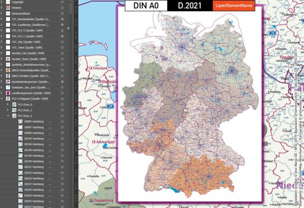 Deutschland Postleitzahlenkarte PLZ-1-5 mit Landkreisen Bundesländern Autobahnen Ortsnamen Vektorkarte, Karte PLZ Deutschland, PLZ-Karte 5-stellig Deutschland, Karte Postleitzahlen Deutschland, AI, editierbar, download