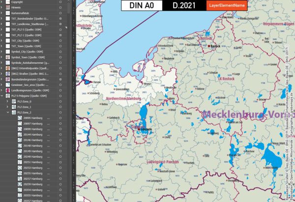 Deutschland Postleitzahlenkarte PLZ-1-5 mit Landkreisen Bundesländern Autobahnen Ortsnamen Vektorkarte, Karte PLZ Deutschland, PLZ-Karte 5-stellig Deutschland, Karte Postleitzahlen Deutschland, AI, editierbar, download