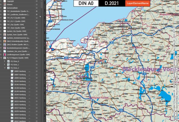 Deutschland Postleitzahlenkarte PLZ-1-5 mit Landkreisen Bundesländern Autobahnen Ortsnamen Vektorkarte, Karte PLZ Deutschland, PLZ-Karte 5-stellig Deutschland, Karte Postleitzahlen Deutschland, AI, editierbar, download