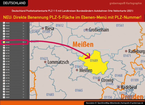 Deutschland Postleitzahlenkarte PLZ-1-5 mit Landkreisen Bundesländern Autobahnen Ortsnamen Vektorkarte, Karte PLZ Deutschland, PLZ-Karte 5-stellig Deutschland, Karte Postleitzahlen Deutschland, AI, editierbar, download