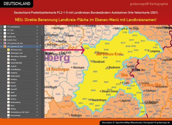 Deutschland Postleitzahlenkarte PLZ-1-5 mit Landkreisen Bundesländern Autobahnen Ortsnamen Vektorkarte, Karte PLZ Deutschland, PLZ-Karte 5-stellig Deutschland, Karte Postleitzahlen Deutschland, AI, editierbar, download