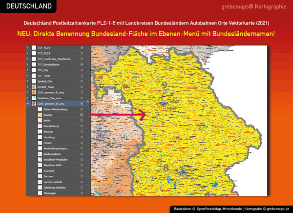 Deutschland Postleitzahlenkarte PLZ-1-5 mit Landkreisen Bundesländern Autobahnen Ortsnamen Vektorkarte, Karte PLZ Deutschland, PLZ-Karte 5-stellig Deutschland, Karte Postleitzahlen Deutschland, AI, editierbar, download