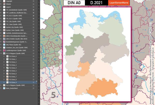 Deutschland Postleitzahlenkarte PLZ-1-2 mit Landkreisen Bundesländern Autobahnen Orte Vektorkarte (2021), PLZ-2-Karte Deutschland, Vektorkarte PLZ Deutschland, PLZ Deutschland Vektoren, AI, download, editierbar