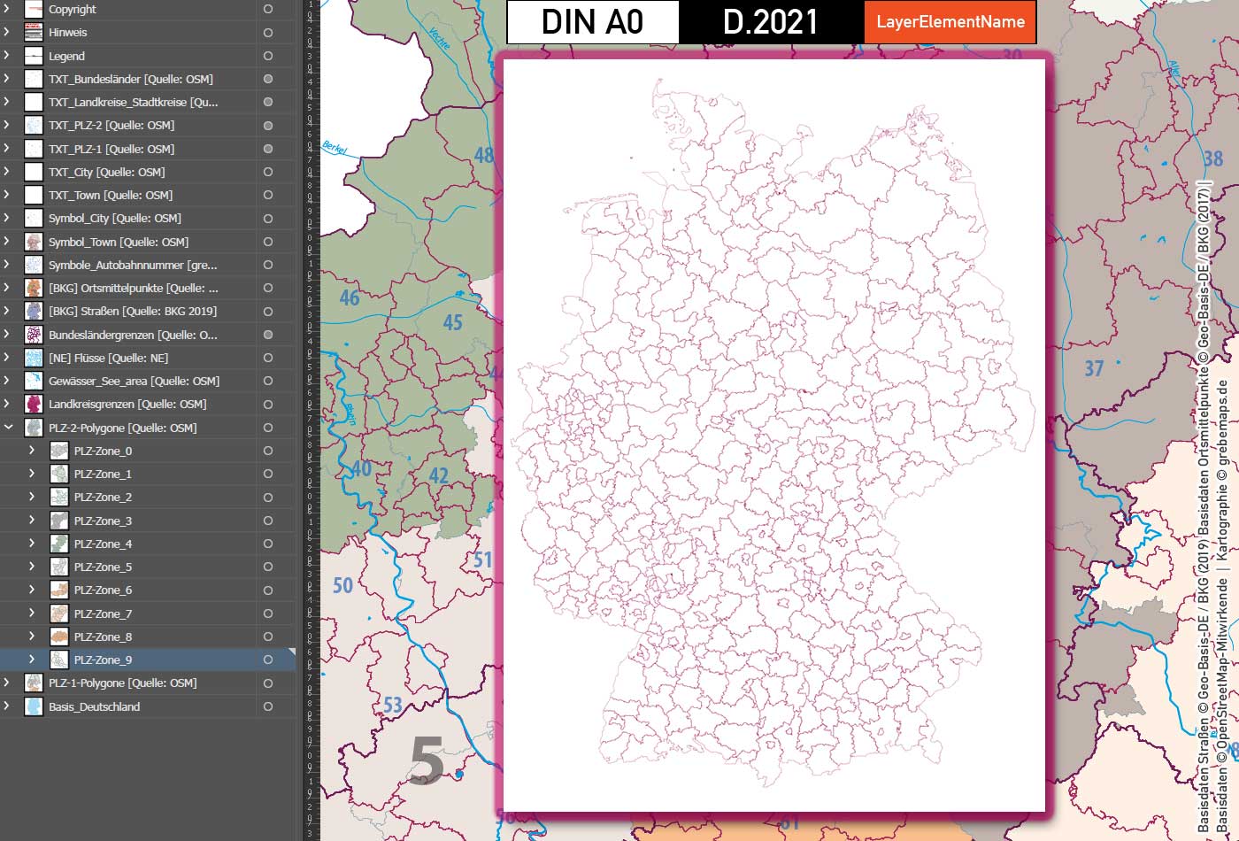 Deutschland Postleitzahlenkarte PLZ-1-2 mit Landkreisen Bundesländern Autobahnen Orte Vektorkarte (2021) [Digital] – Bild 9