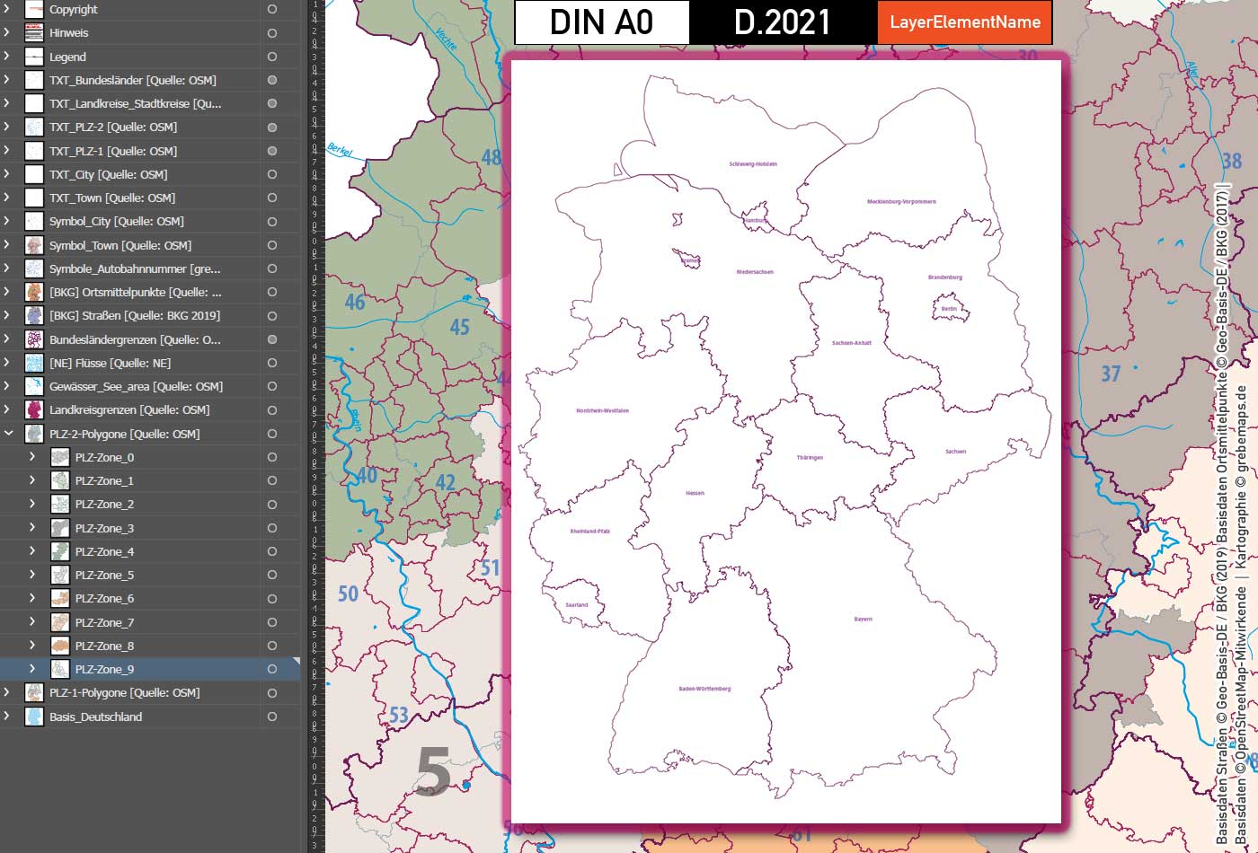 Deutschland Postleitzahlenkarte PLZ-1-2 mit Landkreisen Bundesländern Autobahnen Orte Vektorkarte (2021) [Digital] – Bild 10