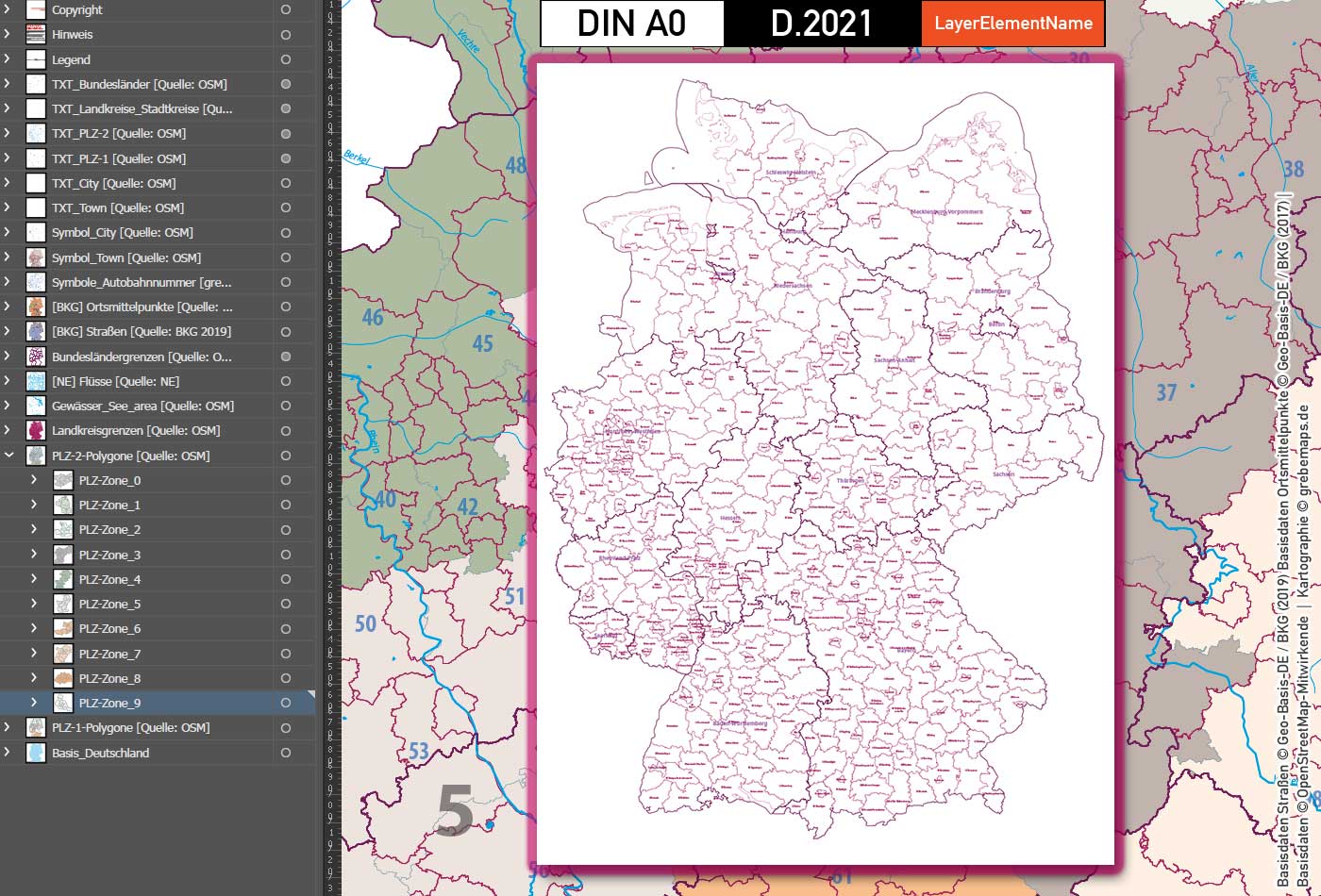 Deutschland Postleitzahlenkarte PLZ-1-2 mit Landkreisen Bundesländern Autobahnen Orte Vektorkarte (2021) [Digital] – Bild 11
