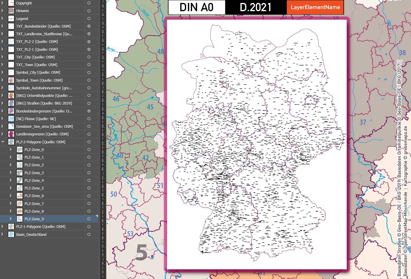 Deutschland Postleitzahlenkarte PLZ-1-2 mit Landkreisen Bundesländern Autobahnen Orte Vektorkarte (2021) [Digital] – Bild 12