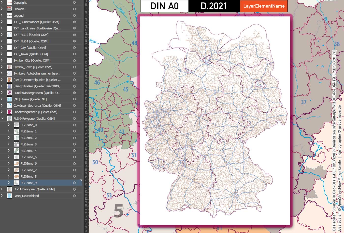 Deutschland Postleitzahlenkarte PLZ-1-2 mit Landkreisen Bundesländern Autobahnen Orte Vektorkarte (2021) [Digital] – Bild 13