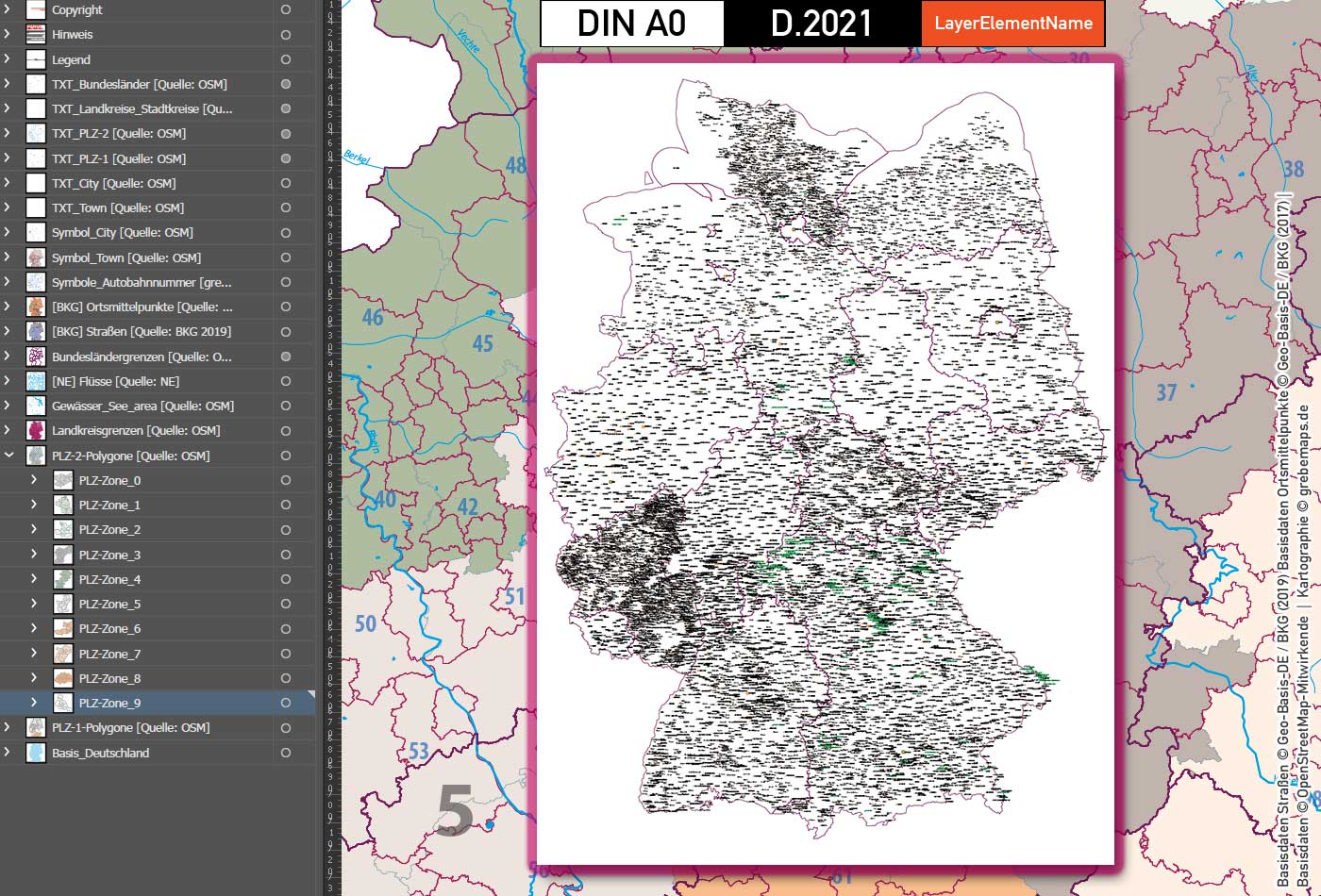 Deutschland Postleitzahlenkarte PLZ-1-2 mit Landkreisen Bundesländern Autobahnen Orte Vektorkarte (2021) [Digital] – Bild 14