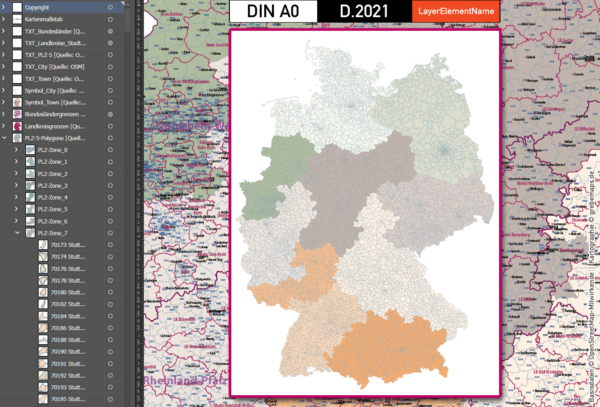 Deutschland Postleitzahlen Karte PLZ-5 BASIC mit Landkreisen Bundesländern Ortsnamen Vektorkarte (2021), PLZ-Karte Deutschland, Vektorkarte PLZ Deutschland, PLZ 5-stellig Deutschland, AI, download, editierbar