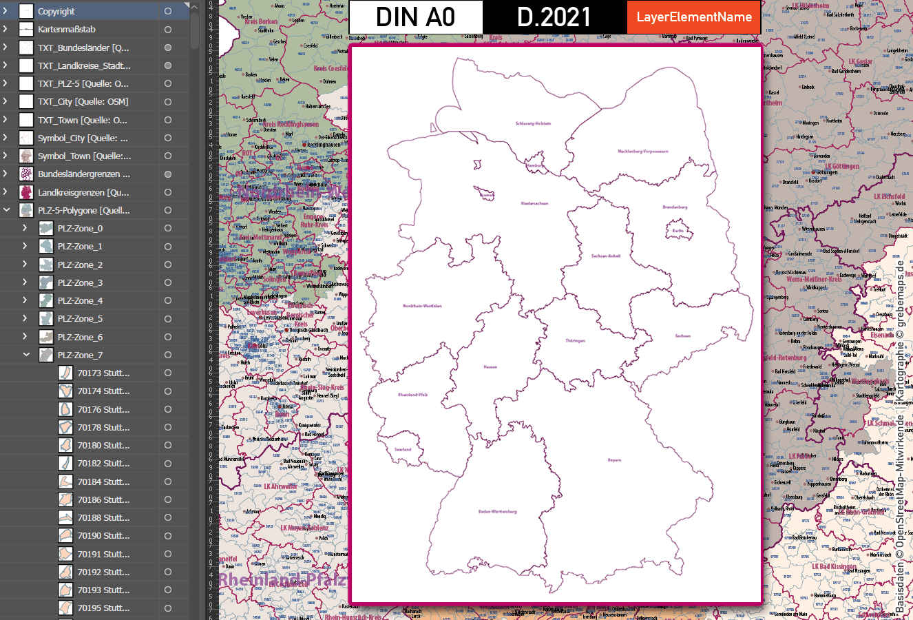 Deutschland Postleitzahlen Karte PLZ-5 BASIC mit Landkreisen Bundesländern Ortsnamen Vektorkarte (2021) [Digital] – Bild 8