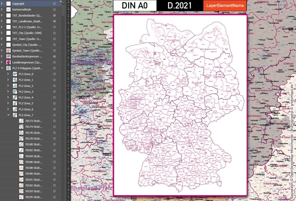 Deutschland Postleitzahlen Karte PLZ5 BASIC mit Landkreisen Bundesländern Ortsnamen Vektorkarte