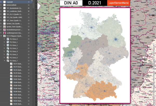 Deutschland Postleitzahlen Karte PLZ-5 BASIC mit Landkreisen Bundesländern Ortsnamen Vektorkarte (2021), PLZ-Karte Deutschland, Vektorkarte PLZ Deutschland, PLZ 5-stellig Deutschland, AI, download, editierbar