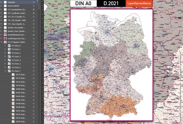 Deutschland Postleitzahlen Karte PLZ-5 BASIC mit Landkreisen Bundesländern Ortsnamen Vektorkarte (2021), PLZ-Karte Deutschland, Vektorkarte PLZ Deutschland, PLZ 5-stellig Deutschland, AI, download, editierbar