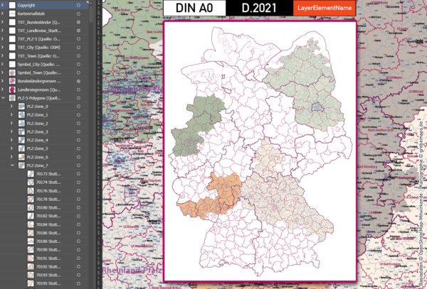 Deutschland Postleitzahlen Karte PLZ-5 BASIC mit Landkreisen Bundesländern Ortsnamen Vektorkarte (2021), PLZ-Karte Deutschland, Vektorkarte PLZ Deutschland, PLZ 5-stellig Deutschland, AI, download, editierbar