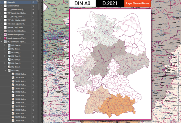 Deutschland Postleitzahlen Karte PLZ-5 BASIC mit Landkreisen Bundesländern Ortsnamen Vektorkarte (2021), PLZ-Karte Deutschland, Vektorkarte PLZ Deutschland, PLZ 5-stellig Deutschland, AI, download, editierbar