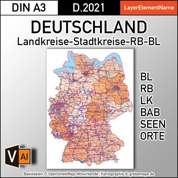 Deutschland Vektorkarte Landkreise Stadtkreise Bundesländer Regierungsbezirke Autobahnen Basiskarte (2021), vector map germany counties, Vektorkarte Deutschland Landkreise, Landkarte Deutschland Landkreise, Karte Landkreise Deutschland, Karte AI Deutschland Landkreise, Karte Deutschland Illustrator AI, download, editierbar