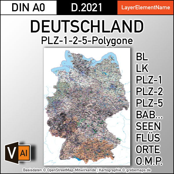 Deutschland Postleitzahlen Karte PLZ-1-2-5 mit Landkreisen Bundesländern Autobahnen Gewässer Ortsnamen Vektorkarte (2021), Karte PLZ Deutschland, PLZ Karte 5-stellig Deutschland, Vektorkarte PLz Deutschland, vector map germany plz, Karte Postleitzahlen 5-stellig Deutschland, AI, editierbar, download