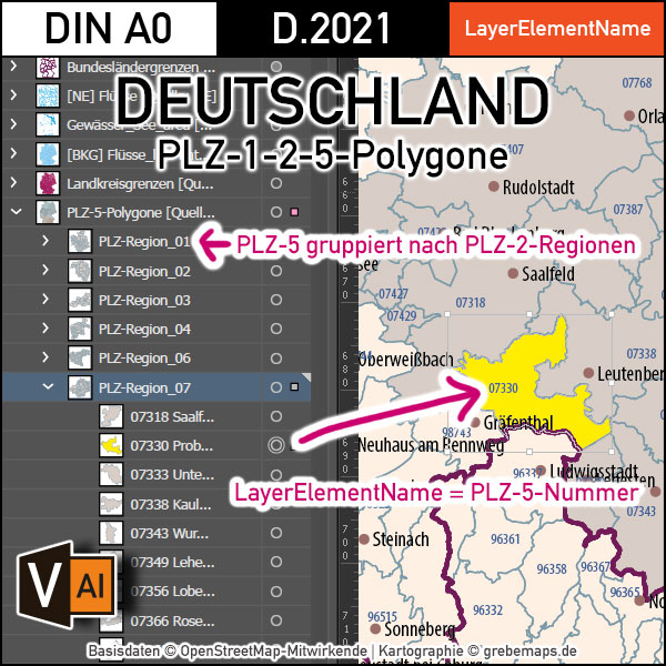 Deutschland Postleitzahlen Karte PLZ-1-2-5 mit Landkreisen Bundesländern Autobahnen Gewässer Ortsnamen Vektorkarte (2021), Karte PLZ Deutschland, PLZ Karte 5-stellig Deutschland, Vektorkarte PLz Deutschland, vector map germany plz, Karte Postleitzahlen 5-stellig Deutschland, AI, editierbar, download