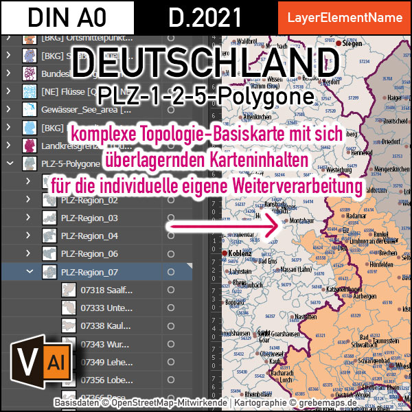 Deutschland Postleitzahlen Karte PLZ-1-2-5 mit Landkreisen Bundesländern Autobahnen Gewässer Ortsnamen Vektorkarte (2021), Karte PLZ Deutschland, PLZ Karte 5-stellig Deutschland, Vektorkarte PLz Deutschland, vector map germany plz, Karte Postleitzahlen 5-stellig Deutschland, AI, editierbar, download