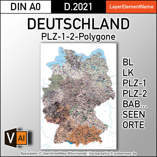 Deutschland Postleitzahlenkarte PLZ-1-2 mit Landkreisen Bundesländern Autobahnen Orte Vektorkarte (2021), PLZ-2-Karte Deutschland, Vektorkarte PLZ Deutschland, PLZ Deutschland Vektoren, AI, download, editierbar