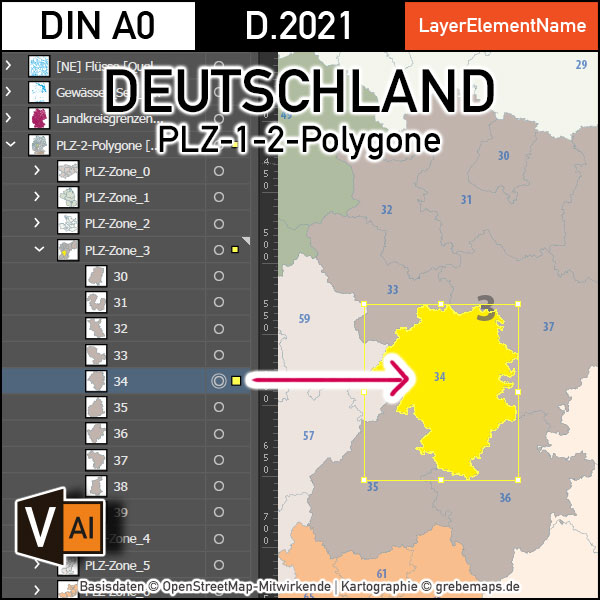 Deutschland Postleitzahlenkarte PLZ-1-2 mit Landkreisen Bundesländern Autobahnen Orte Vektorkarte (2021), PLZ-2-Karte Deutschland, Vektorkarte PLZ Deutschland, PLZ Deutschland Vektoren, AI, download, editierbar
